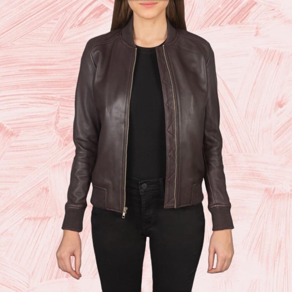 Serena Maroon Leather Bomber Jacket for Women