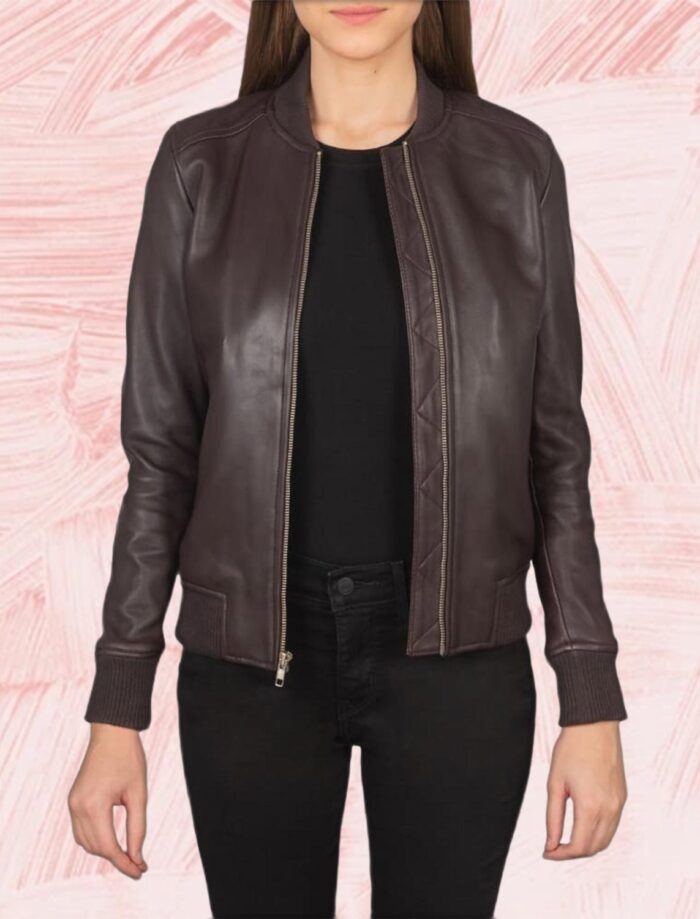 Serena Maroon Leather Bomber Jacket for Women