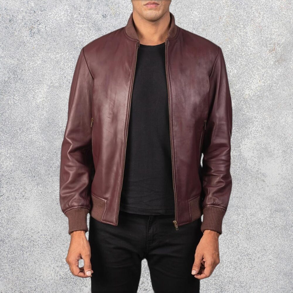 Shane Maroon Leather Bomber Jacket for Men
