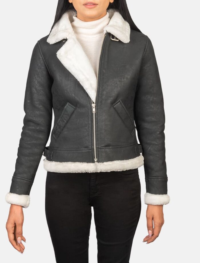 Elowen B-3 Black & White Shearling Leather Bomber Jacket for Women