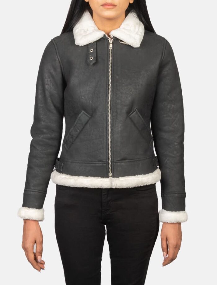 Elowen B-3 Black & White Shearling Leather Bomber Jacket for Women