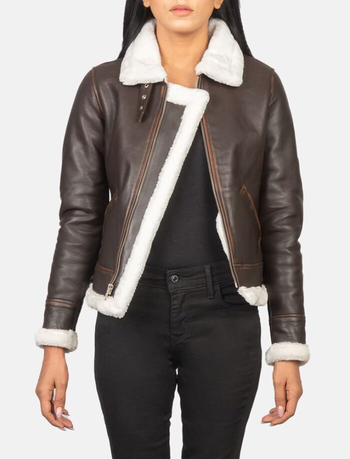 Elowen B-3 Brown Shearling Leather Bomber Jacket for Women