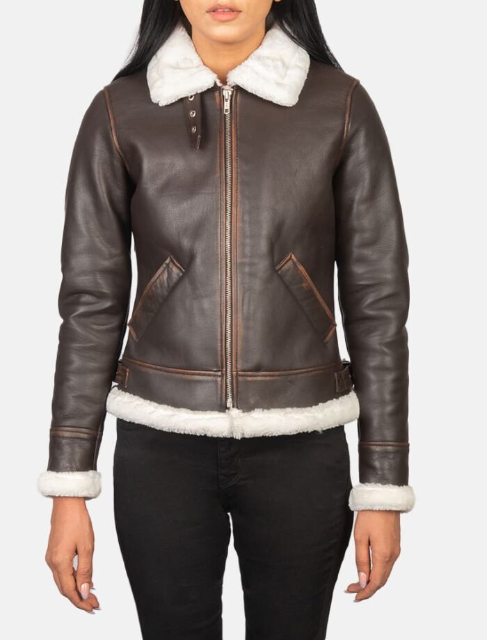 Elowen B-3 Brown Shearling Leather Bomber Jacket for Women