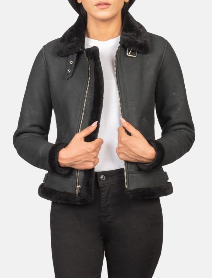 Elowen B-3 Distressed Black Shearling Leather Bomber Jacket for Women