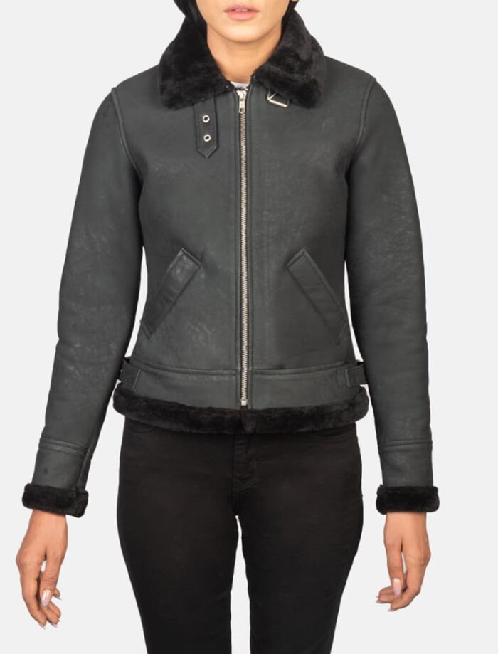 Elowen B-3 Distressed Black Shearling Leather Bomber Jacket for Women