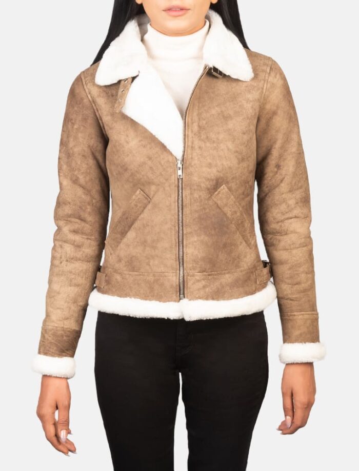 Elowen B-3 Distressed Brown Shearling Leather Bomber Jacket for Women