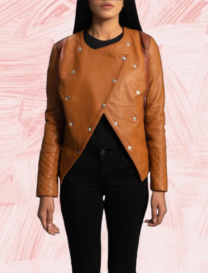 Sienna Tan Overlap Leather Jacket for Women