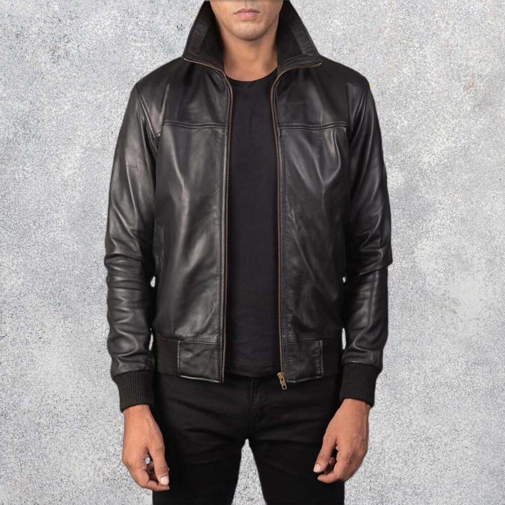 SkyRolf Black Men's Leather Bomber Jacket