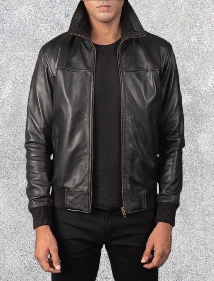 SkyRolf Black Men's Leather Bomber Jacket