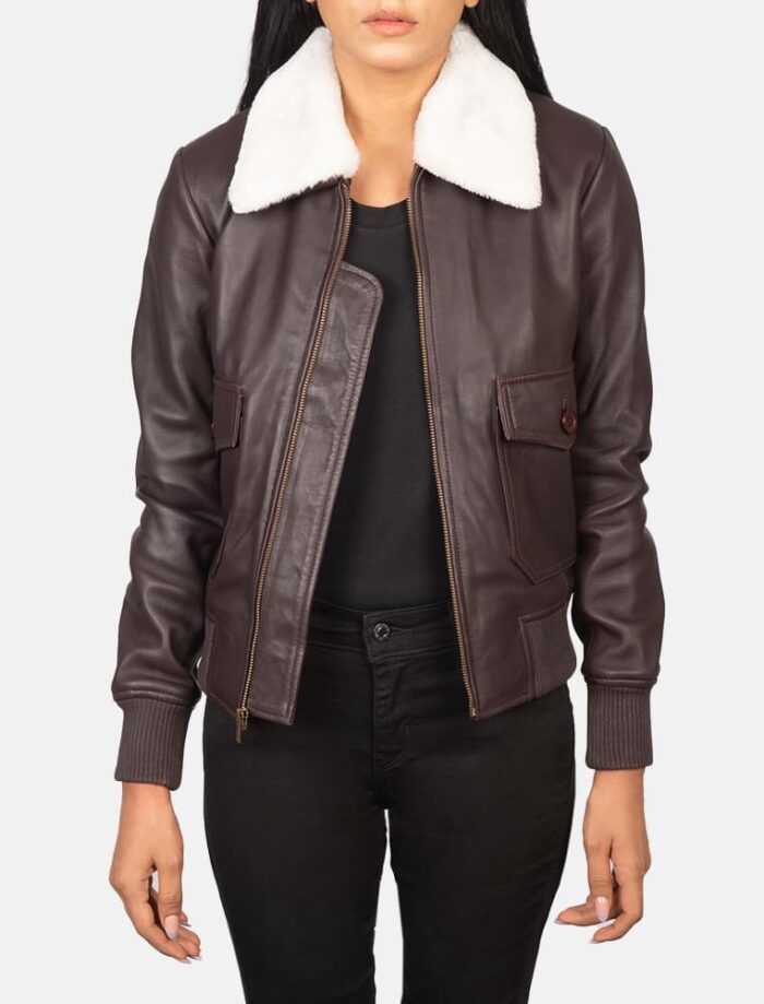 Elise G-1 Maroon Leather Bomber Jacket for Women