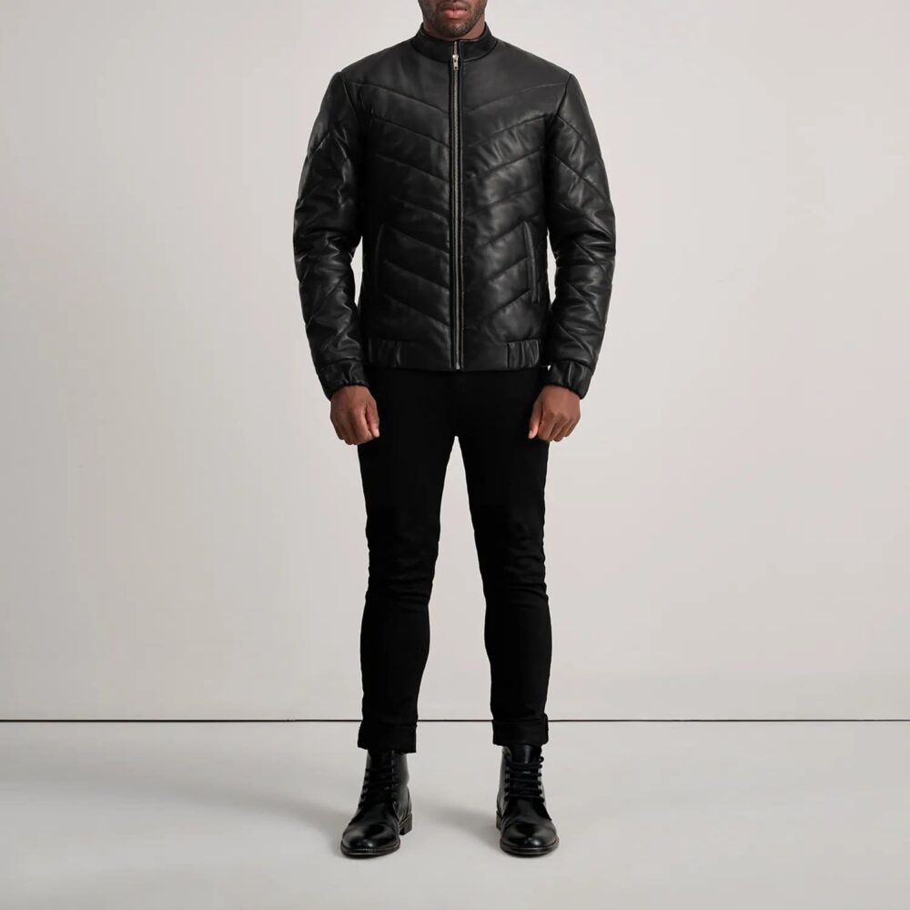 Landon Black Leather Puffer Jacket for Men