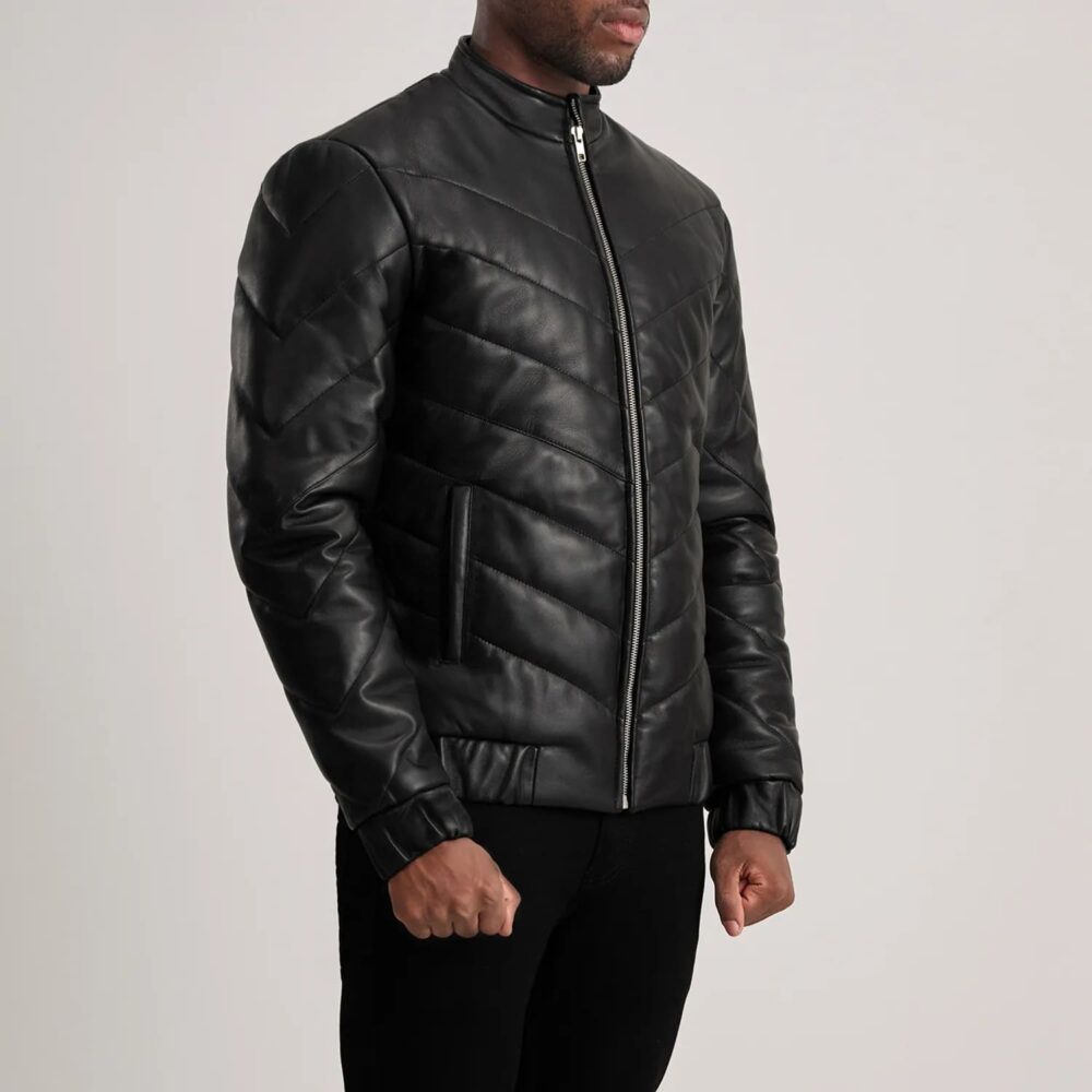 Landon Black Leather Puffer Jacket for Men