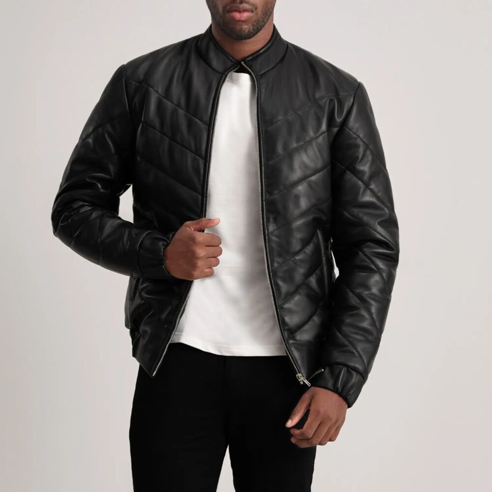 Landon Black Leather Puffer Jacket for Men