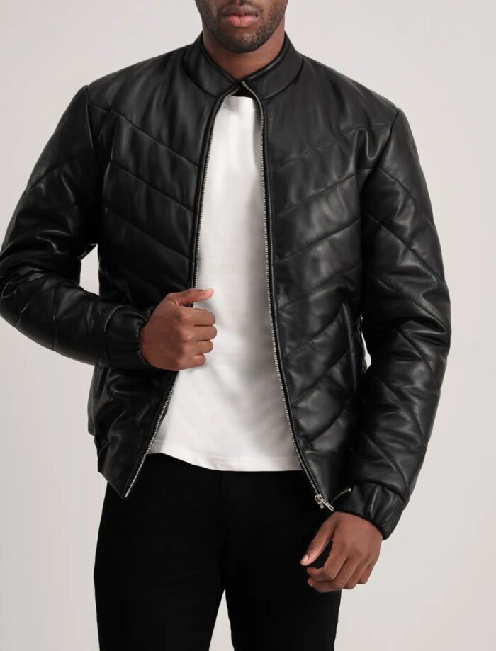 Landon Black Leather Puffer Jacket for Men