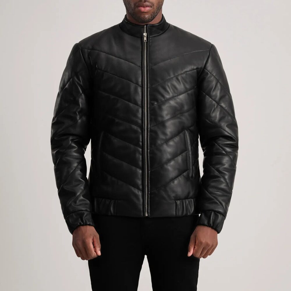 Landon Black Leather Puffer Jacket for Men