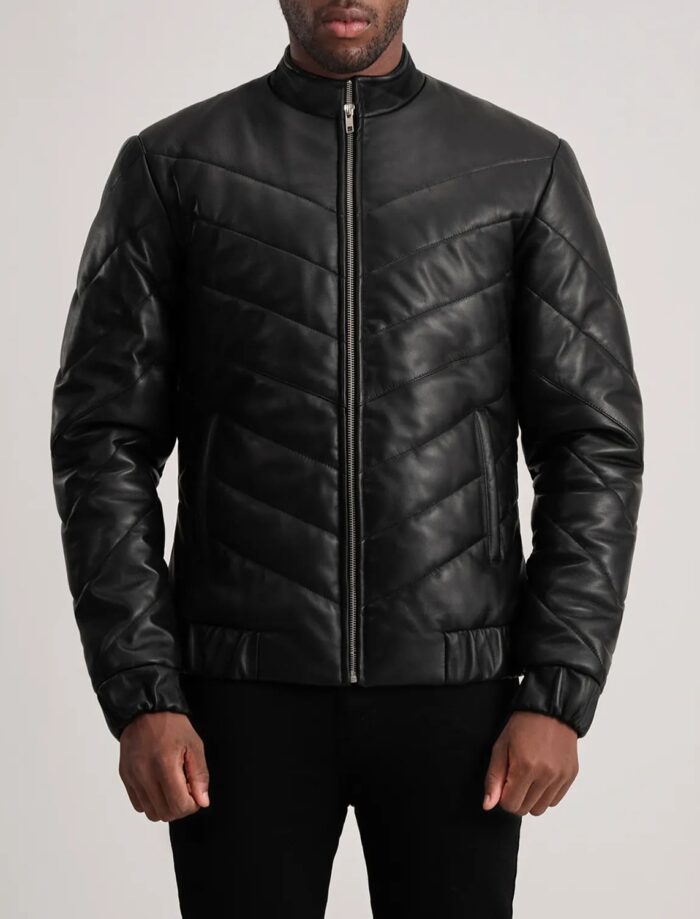 Landon Black Leather Puffer Jacket for Men