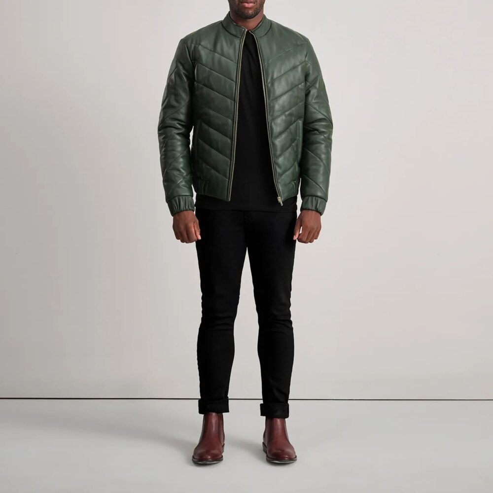 Landon Green Leather Puffer Jacket for Men