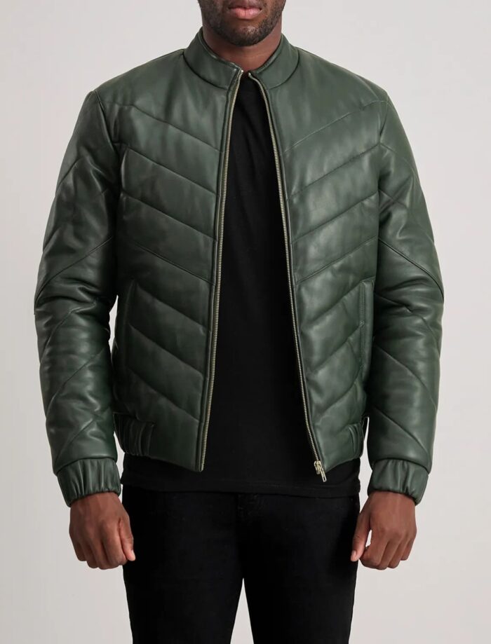 Landon Green Leather Puffer Jacket for Men