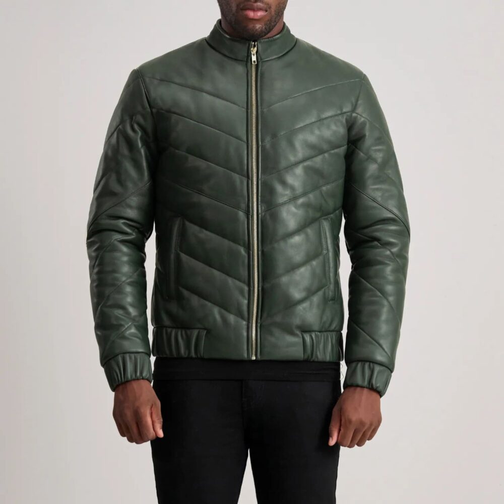 Landon Green Leather Puffer Jacket for Men