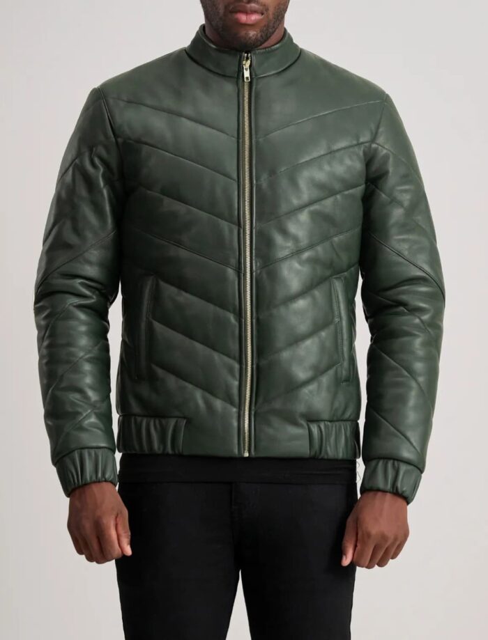 Landon Green Leather Puffer Jacket for Men