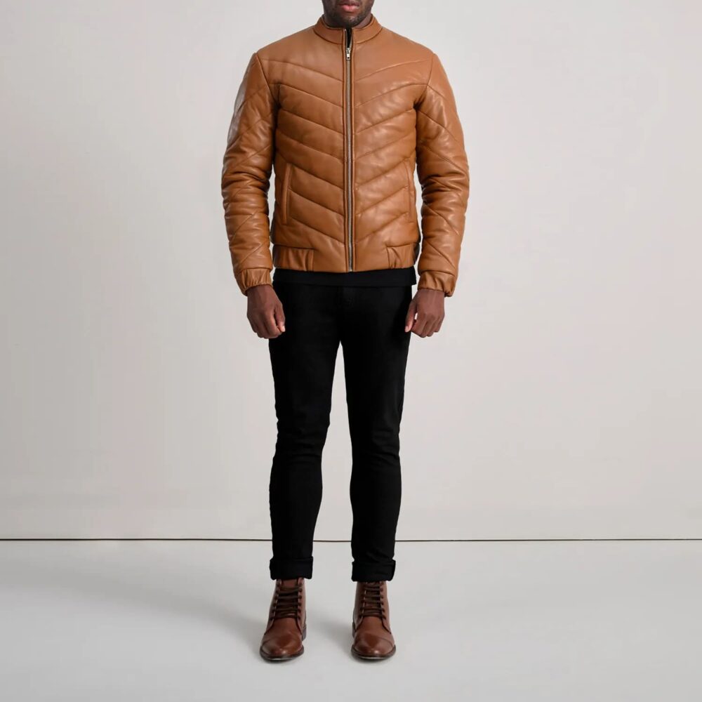 Landen Tan Leather Puffer Jacket for Men