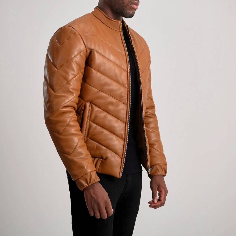 Landen Tan Leather Puffer Jacket for Men