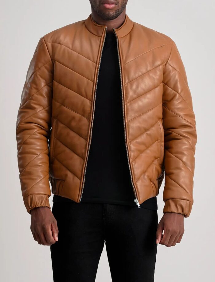 Landen Tan Leather Puffer Jacket for Men