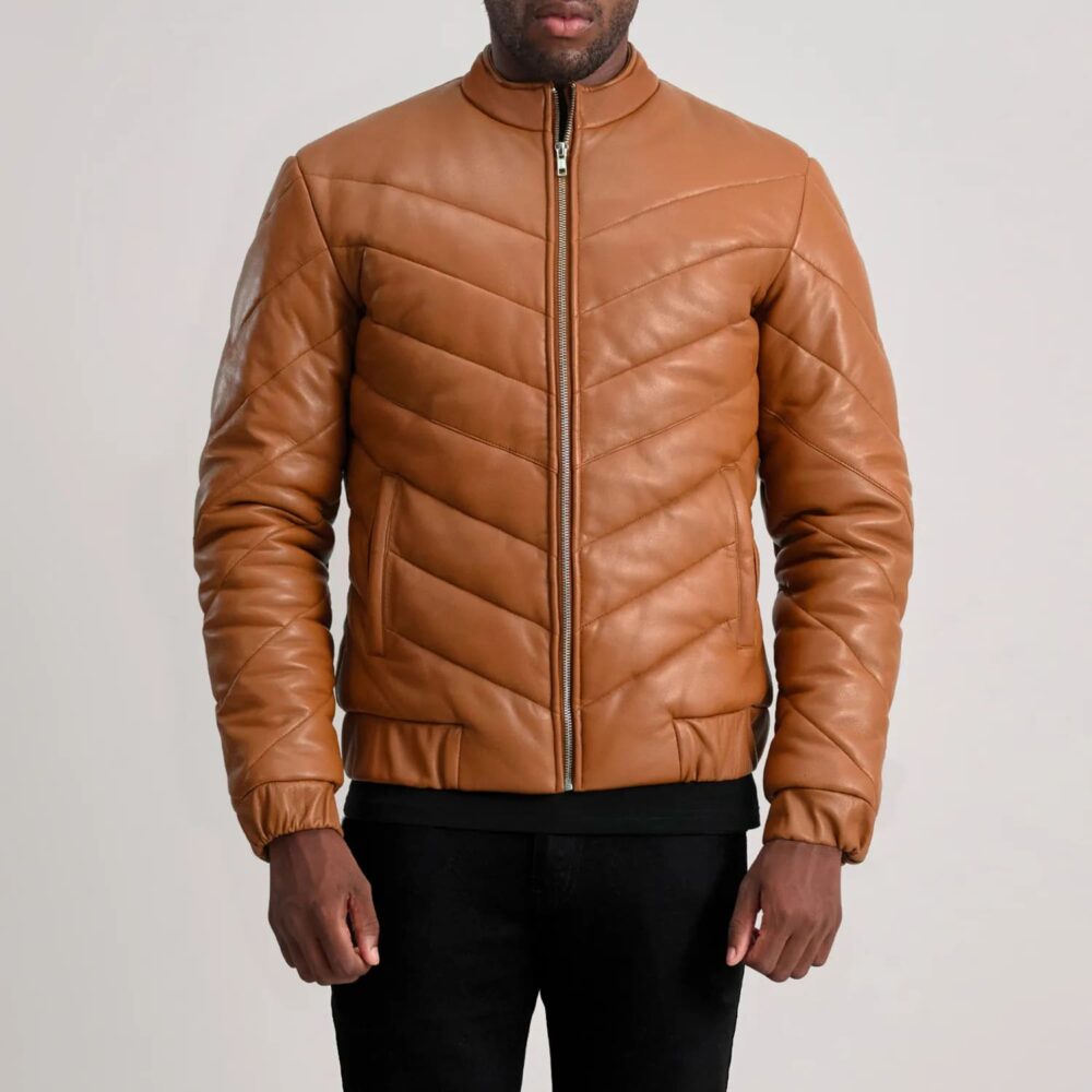 Landen Tan Leather Puffer Jacket for Men