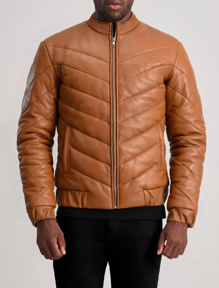 Landen Tan Leather Puffer Jacket for Men