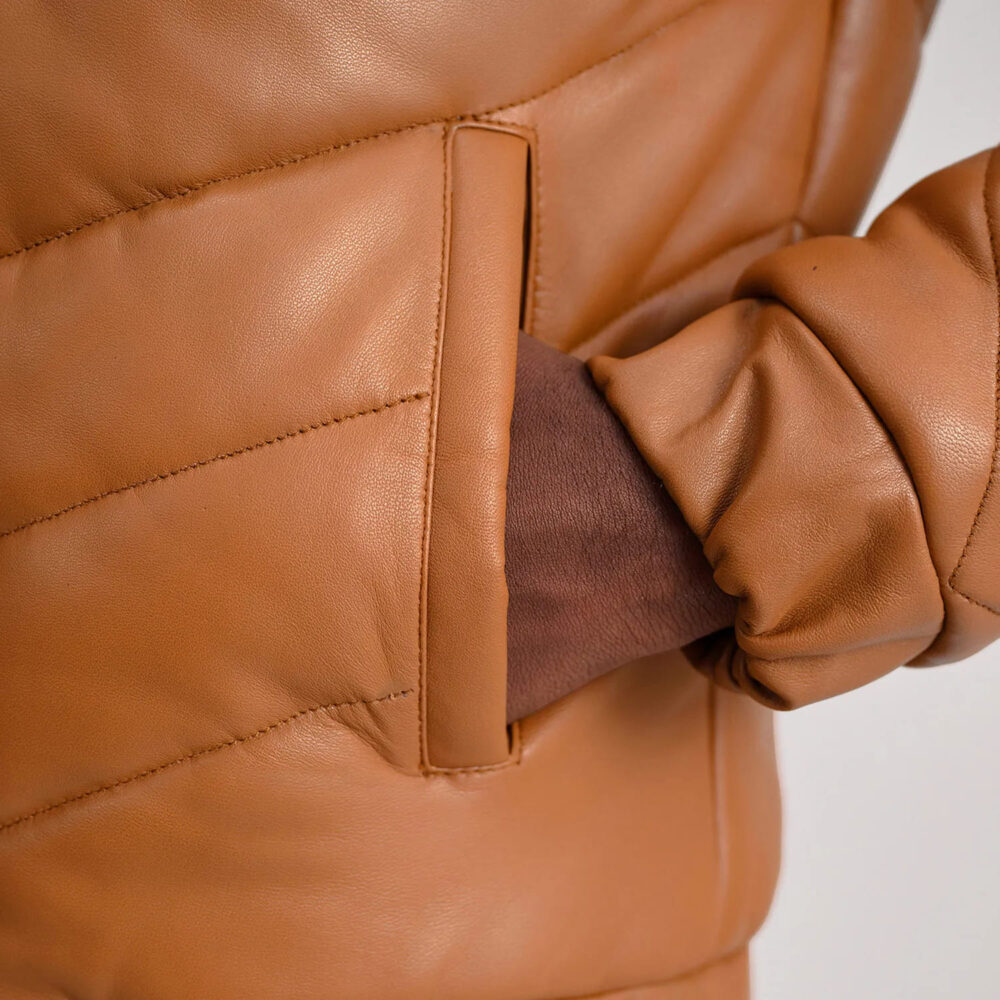 Landen Tan Leather Puffer Jacket for Men