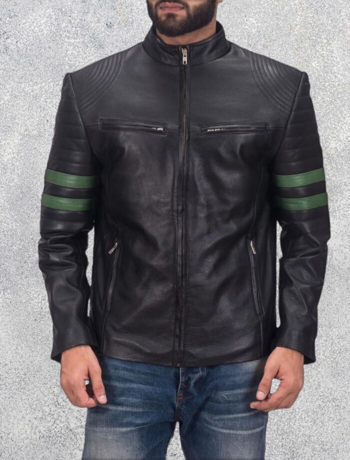 Trooper-Black-Leather-Jacket-with-Green-Stripes