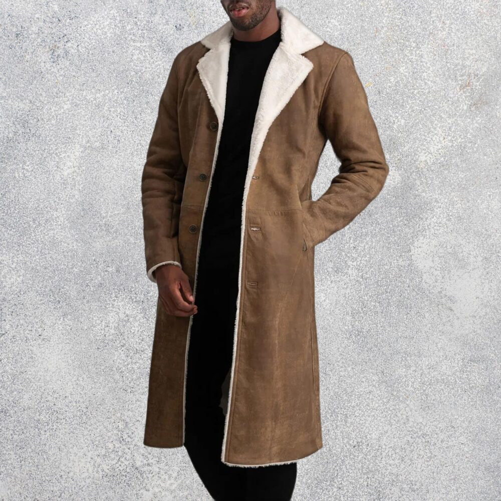 Victor Distressed Brown Shearling Long Coat for Men
