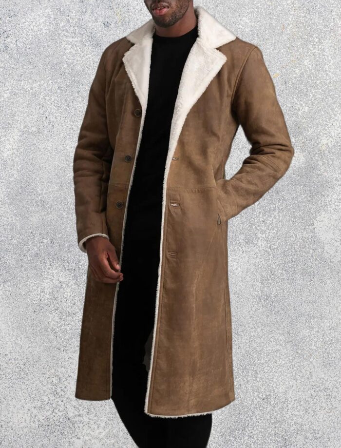 Victor Distressed Brown Shearling Long Coat for Men