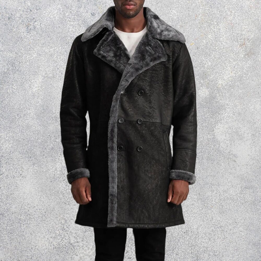 Victor Men's Distressed Black Shearling Double-Breasted Coat