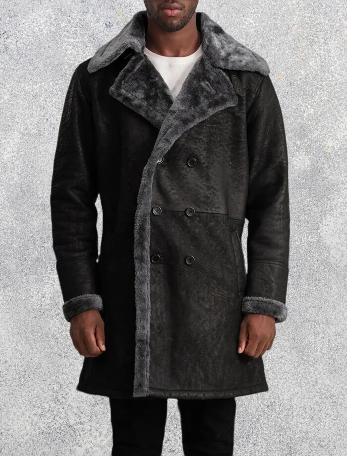 Victor Men's Distressed Black Shearling Double-Breasted Coat
