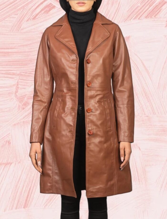 Victoria Brown Single-Breasted Leather Coat for Women