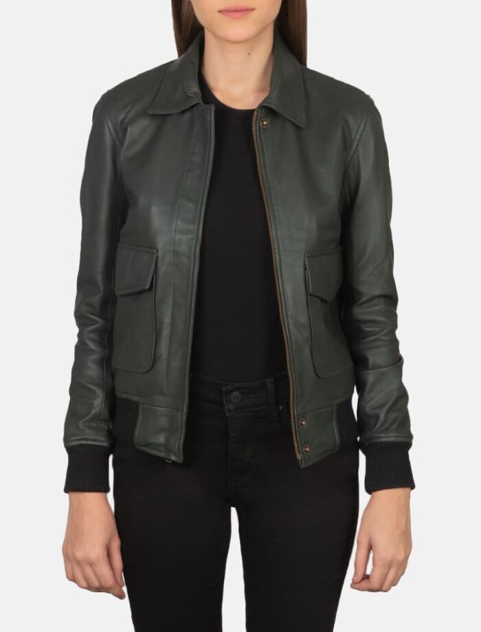 Astra Green Leather Bomber Jacket for Women