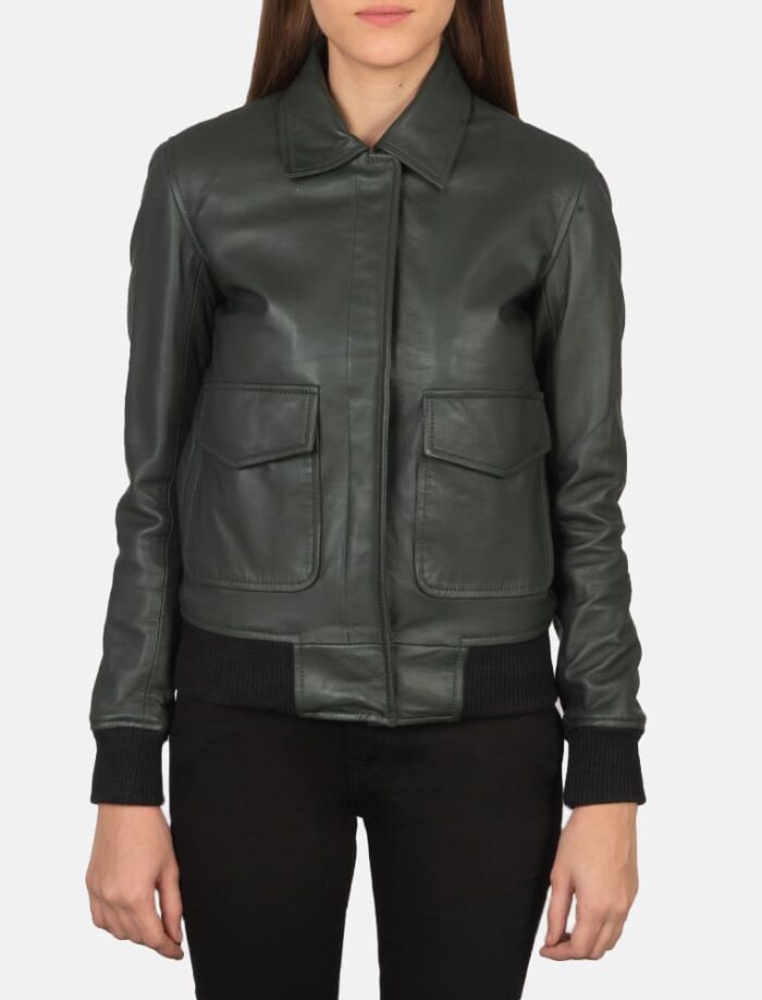 Astra Green Leather Bomber Jacket for Women