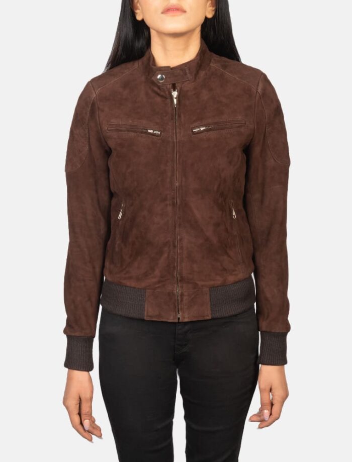 Rhea Mocha Suede Bomber Jacket for Women