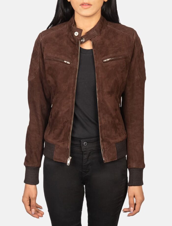 Rhea Mocha Suede Bomber Jacket for Women