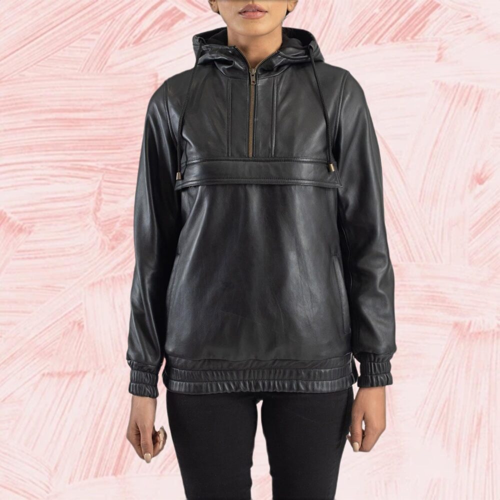 Zephyr Black Hooded Leather Pullover Jacket