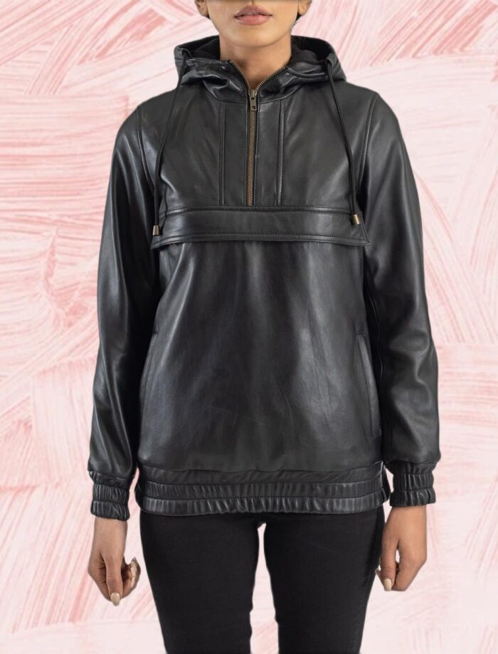Zephyr Black Hooded Leather Pullover Jacket