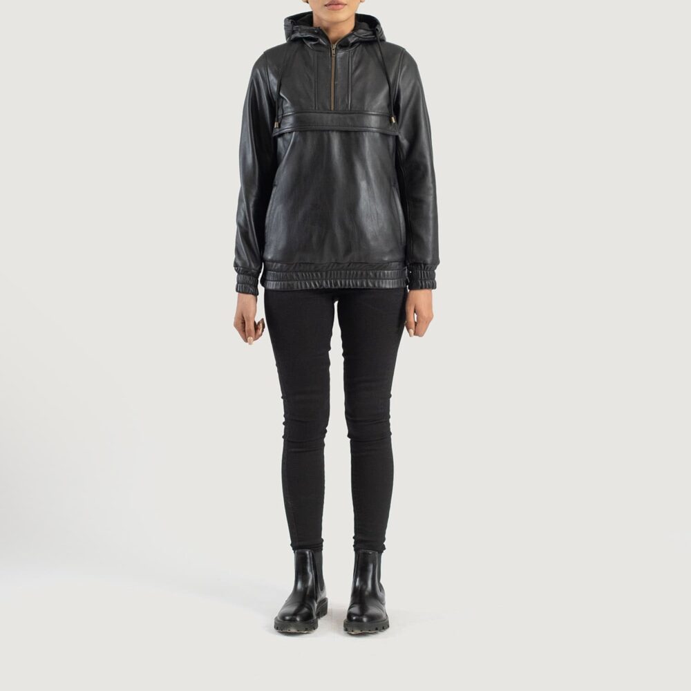 Zephyr Black Hooded Leather Pullover Jacket