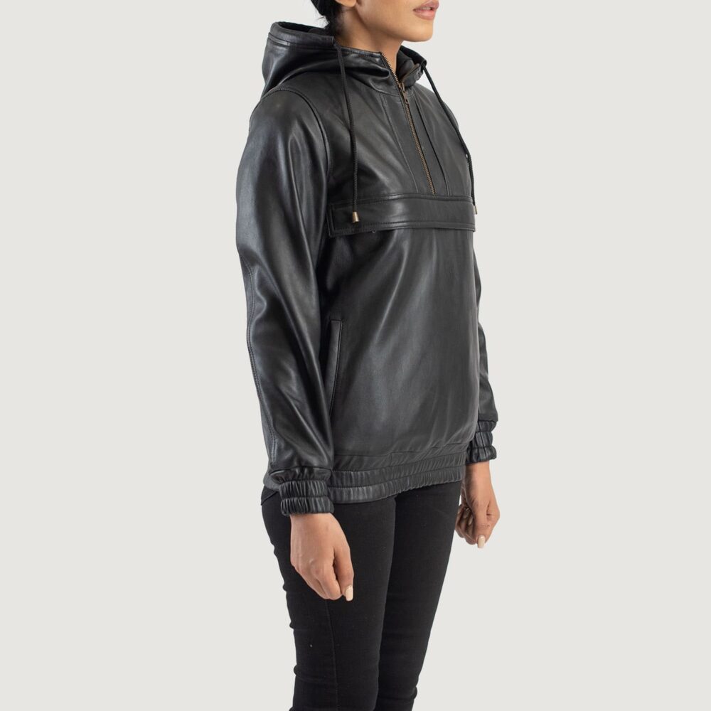 Zephyr Black Hooded Leather Pullover Jacket