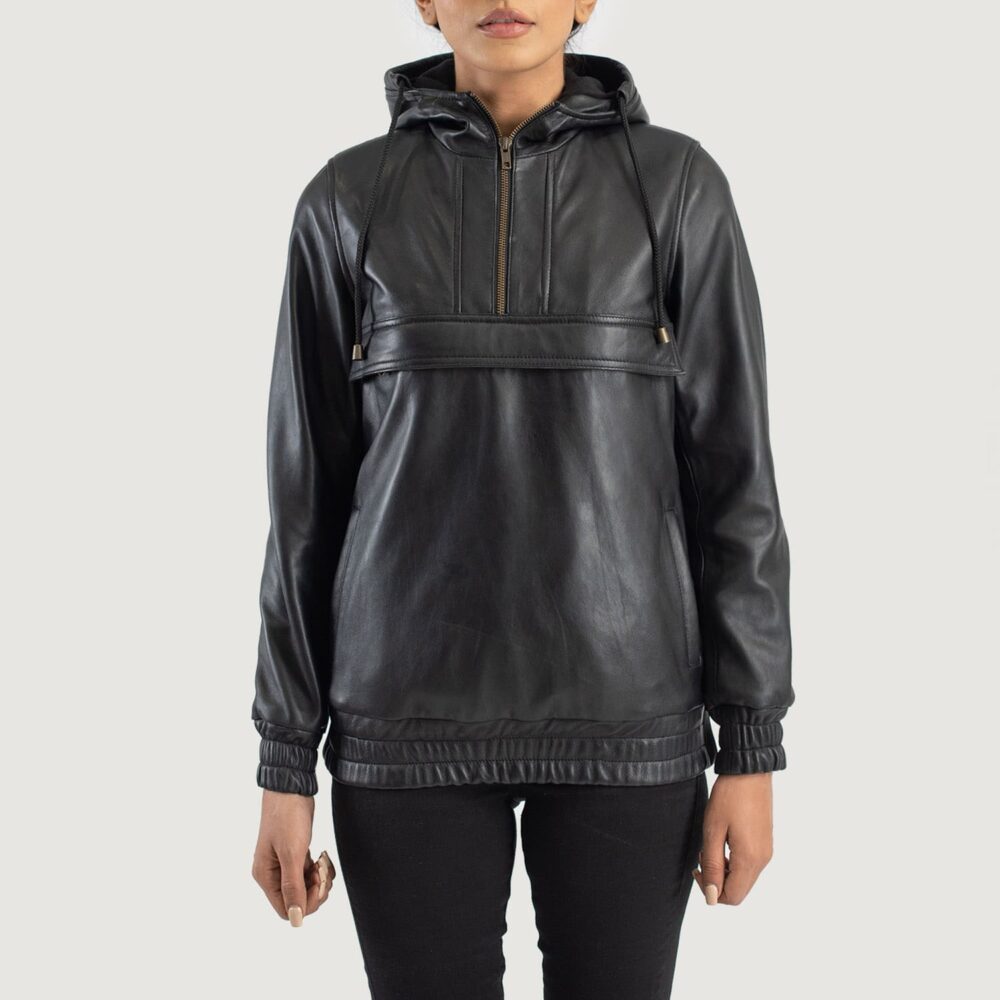 Zephyr Black Hooded Leather Pullover Jacket