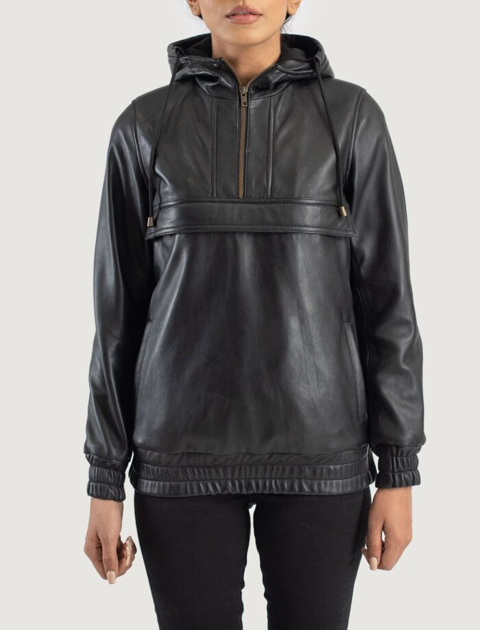 Zephyr Black Hooded Leather Pullover Jacket