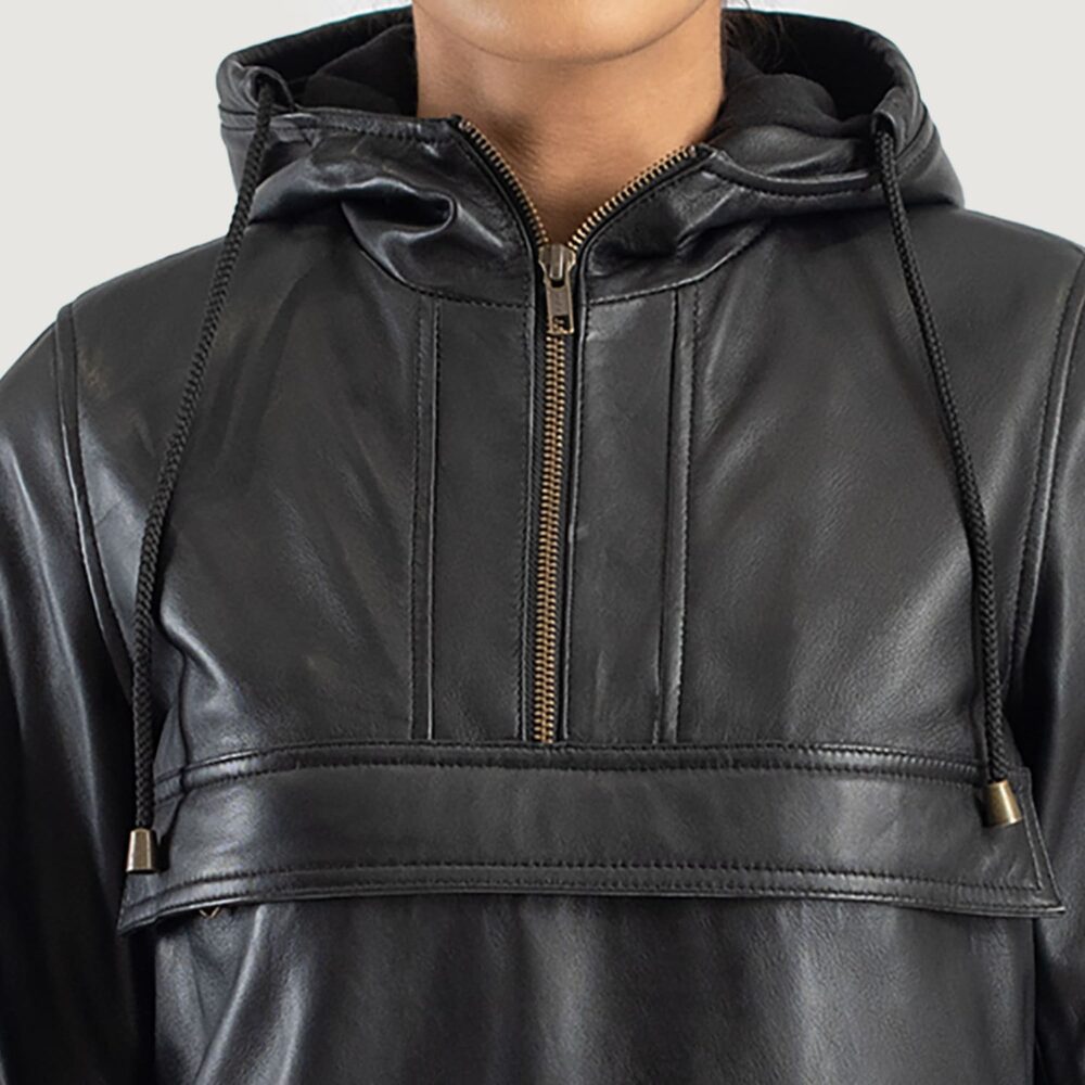 Zephyr Black Hooded Leather Pullover Jacket