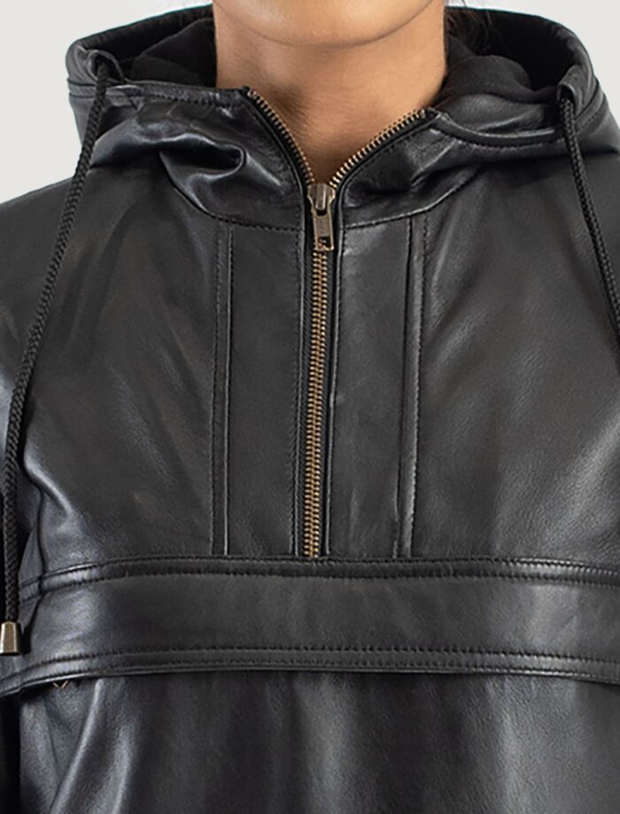 Zephyr Black Hooded Leather Pullover Jacket