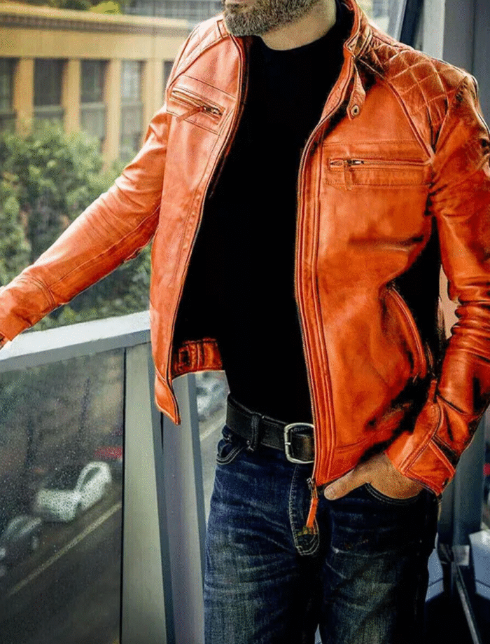 orange leather cafe racer jacket