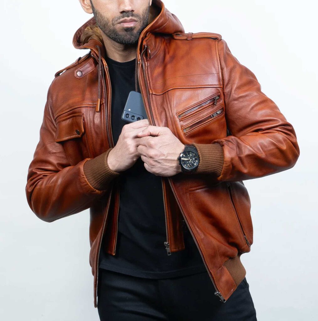 brown leather bomber